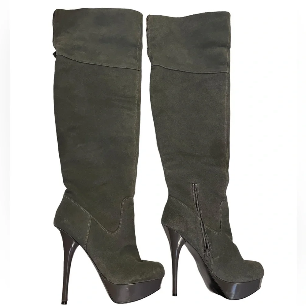 Steve Madden Boots ‘Calgarry’ Vintage Grey Suede Over-the-Knee Platforms - EUC